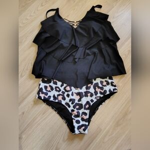 Black and Leopard Print Tankini Swimsuit